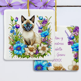 Ai Akvarell Siamesisk Katt i Blommor Personlig Julgransprydnad Keramik