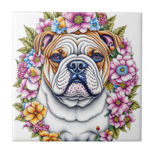 Ai Art Bulldog Omgiven av Whimsical Blommor Kakelplatta