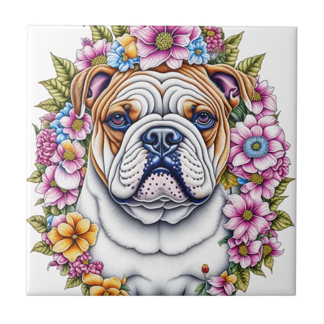 Ai Art Bulldog Omgiven av Whimsical Blommor Kakelplatta (Framsidan)