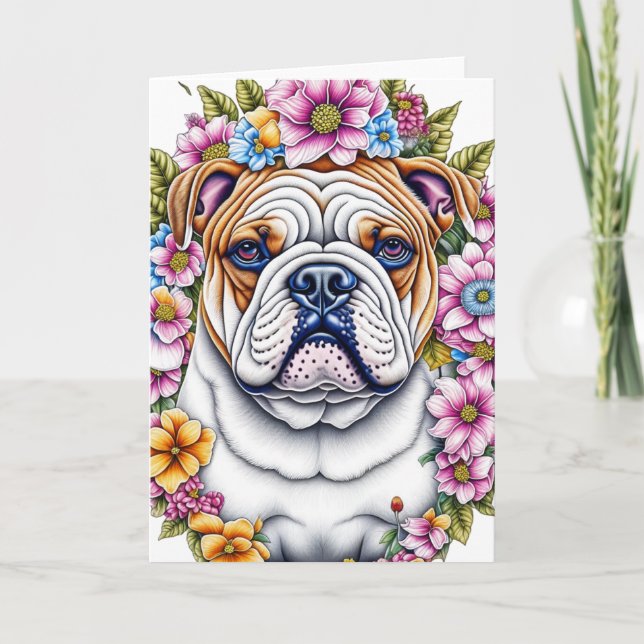 Ai Art Bulldog, omgiven av Whimsical Flowers Kort (Framsida)