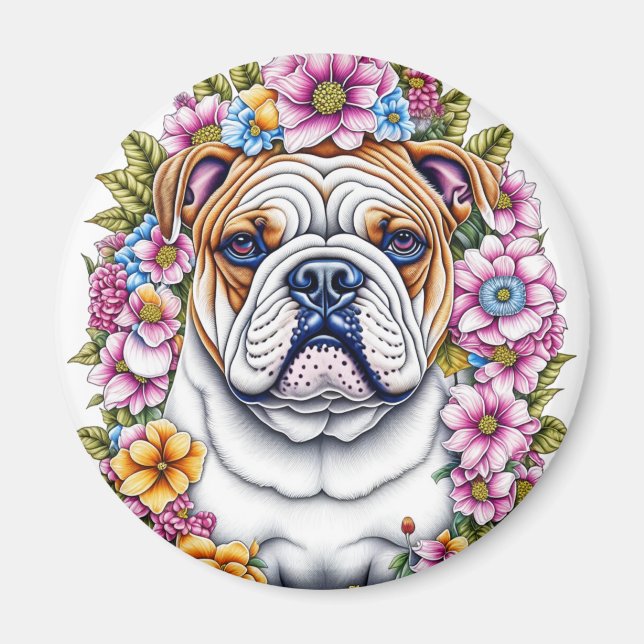 Ai Art Bulldog, omgiven av Whimsical Flowers Magnet (Framsidan)