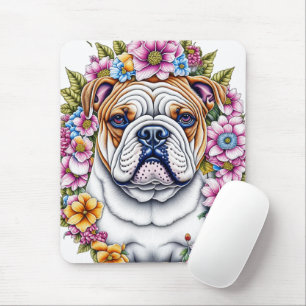 Ai Art Bulldog, omgiven av Whimsical Flowers Musmatta