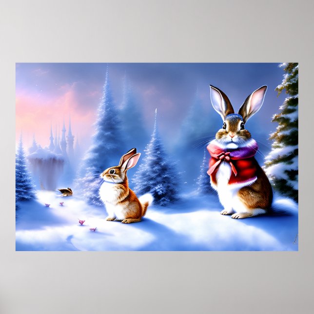 AI Art Fantasy Winterland med vackra kaniner Poster (Framsidan)