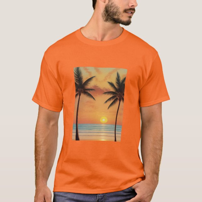 AI Art Morgon Sunrise Beach Handflatan Träd T Shirt (Framsida)