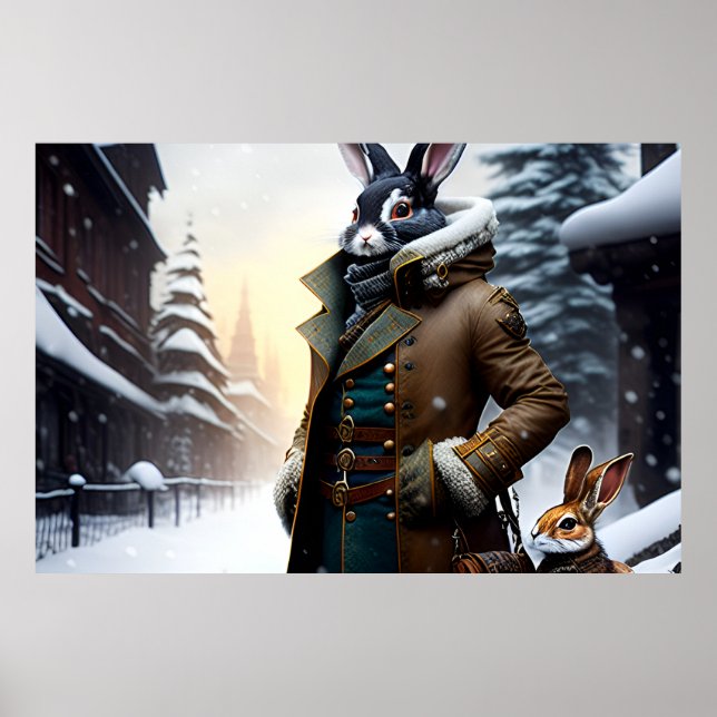 AI Art Rabbit Explorer med sin son i Snö Poster (Framsidan)