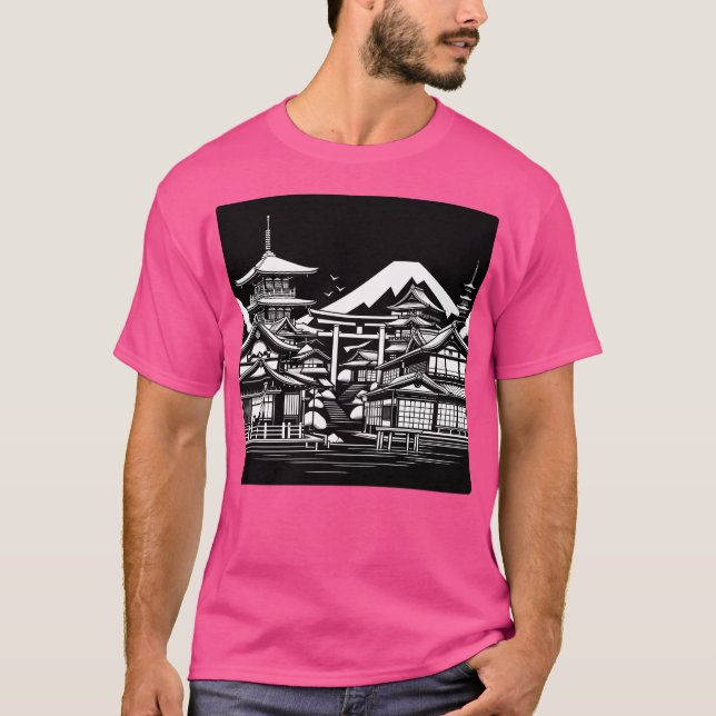 Ai Art Traditionell Kyoto-Byggnad i svartvitt T Shirt (Framsida)