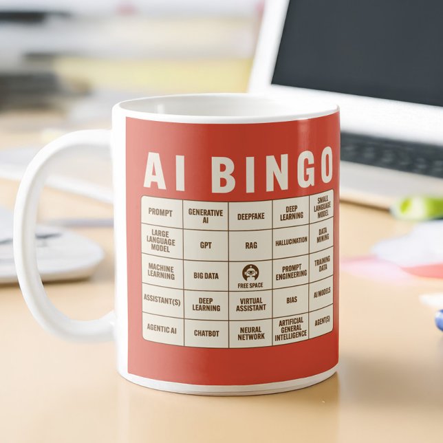 AI Bingo Kaffemugg (AI Buzzword Bingo Mug transforms every jargon-filled conference into an entertaining game)