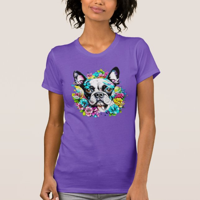 Ai Boston Terrier omgiven av blommor T Shirt (Framsida)