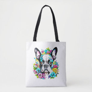 Ai Boston Terrier omgiven av Flowers Tygkasse