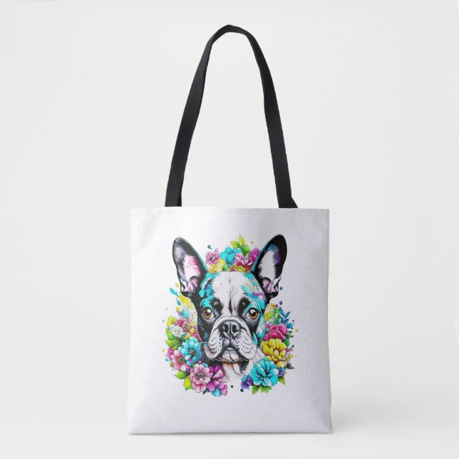 Ai Boston Terrier omgiven av Flowers Tygkasse (Framsida)