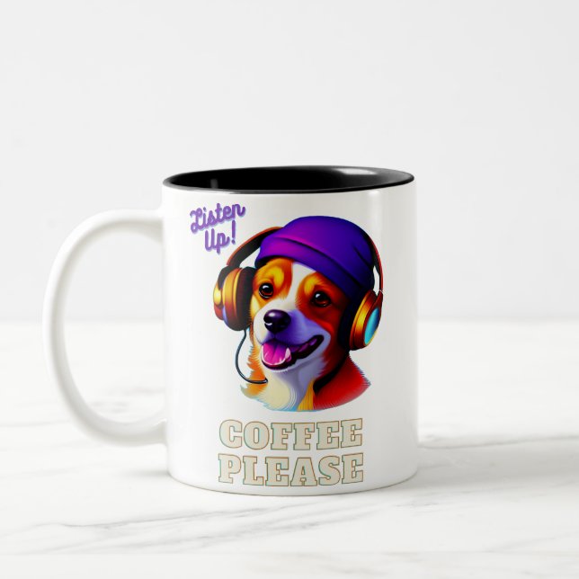 AI Cute Puppy-hörluren "Lyssna!" Kaffe, tack" Två-Tonad Mugg (Vänster)