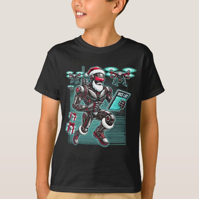 AI Driftsatte Santa Robot med Drones och jul L T Shirt (Framsida)