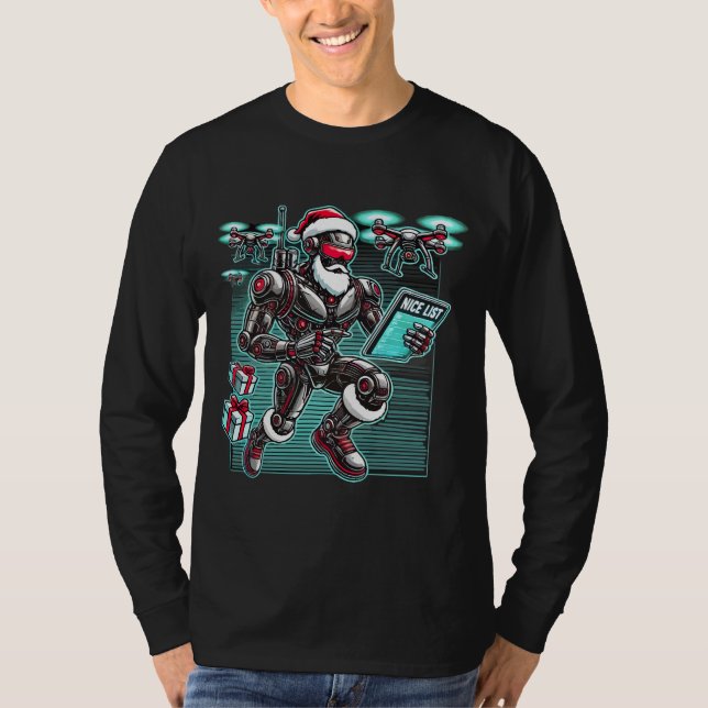 AI Driftsatte Santa Robot med Drones och jul L T Shirt (Framsida)