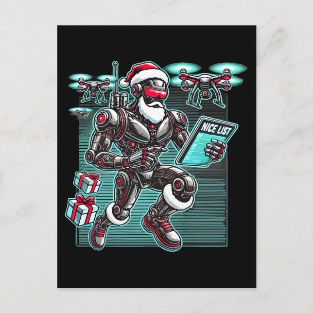 AI Driftsatte Santa Robot med Drones och jul L Vykort (Framsida)