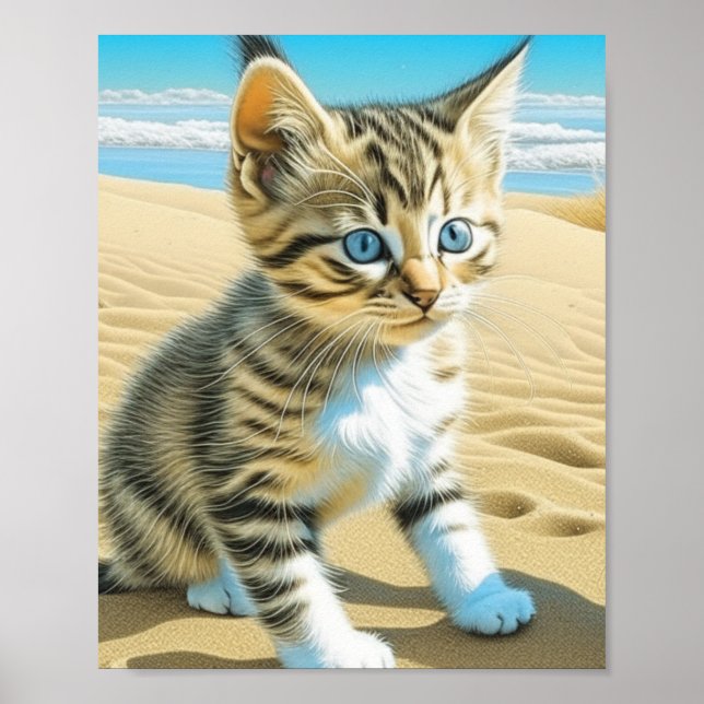 AI Grå Randig Kattunge som Le ker på en Sandstrand Poster (Framsidan)
