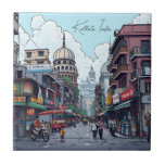 Ai Illustration of Kolkata, Indien Kakelplatta<br><div class="desc">Tecknad stil ai illustration av kolkatas,  Indiens arkitektur,  motorcyklar och bilar i centrala delen av staden Kolkata. En bricka med en illustration av en fullsatt gata i städerna med byggnad,  restauranger,  butiker och människor på motorcyklar.</div>