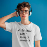AI-kodningen T Shirt<br><div class="desc">För det snabba ingenjör som lever i en evig koffein- och kreativitetsslinga, är denna minimalistiska AI T-shirt nagel det kallare livet. Med frasen True: eat(); sov(); prompt(); i pixel-stil-teckensnitt är det perfekten för utvecklare, tech älskare och för alla som befinner sig djupt i matrisen. Den svartvita designen lägger till en...</div>