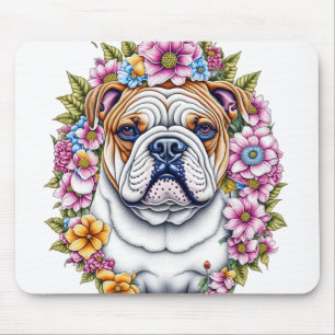 AI-konst Bulldog omgiven av fantasifulla blommor Musmatta