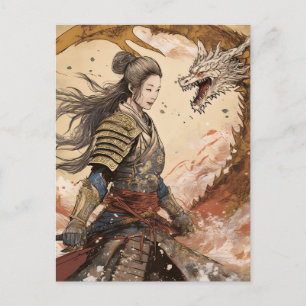 AI kvinna samurai och drake Vykort