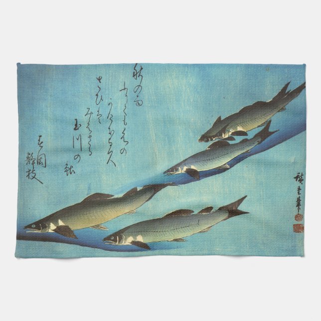 Ai (öring) - Hiroshiges japanska fiskutskrift i Fä Kökshandduk (Horisontell)