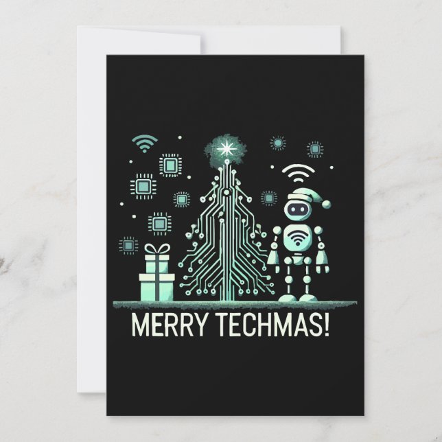 AI Robot med Tech Julgran - Merry Techmas Inbjudningar (Framsida)