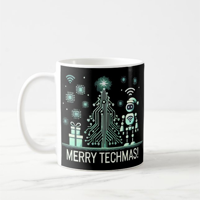 AI Robot med Tech Julgran - Merry Techmas Kaffemugg (Vänster)