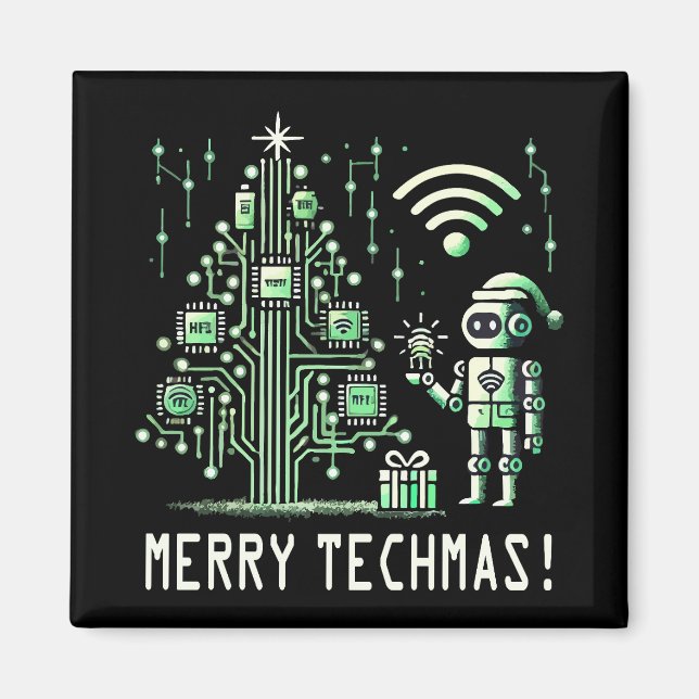 AI Robot med Tech Julgran - Merry Techmas Magnet (Framsidan)
