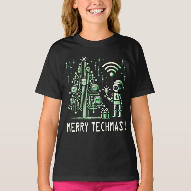 AI Robot med Tech Julgran - Merry Techmas T Shirt (Framsida)