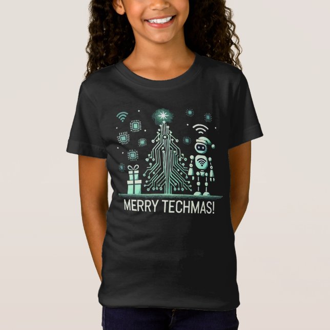 AI Robot med Tech Julgran - Merry Techmas T Shirt (Framsida)