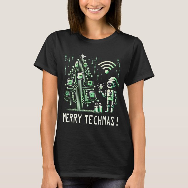 AI Robot med Tech Julgran - Merry Techmas T Shirt (Framsida)
