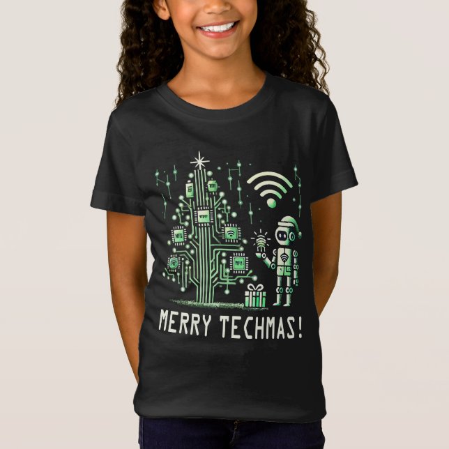 AI Robot med Tech Julgran - Merry Techmas T Shirt (Framsida)