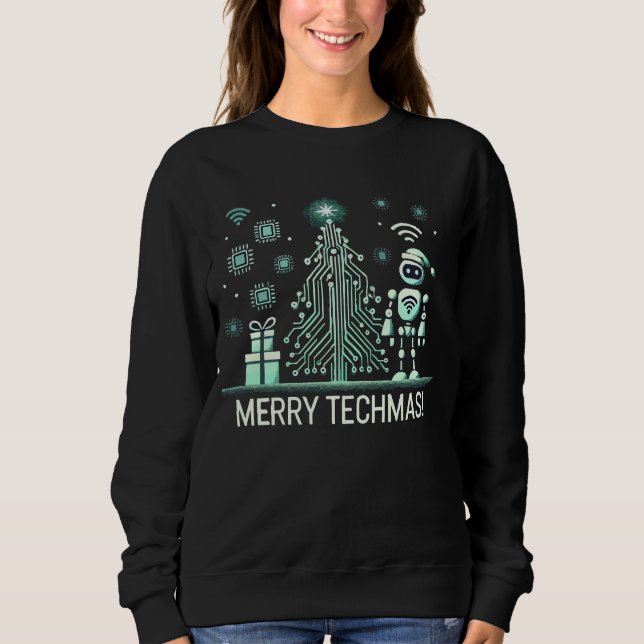 AI Robot med Tech Julgran - Merry Techmas T Shirt (Framsida)