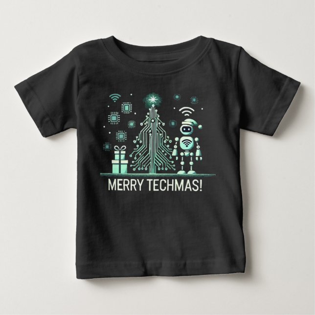 AI Robot med Tech Julgran - Merry Techmas T Shirt (Framsida)