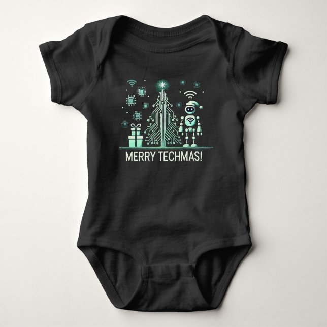 AI Robot med Tech Julgran - Merry Techmas T Shirt (Framsida)