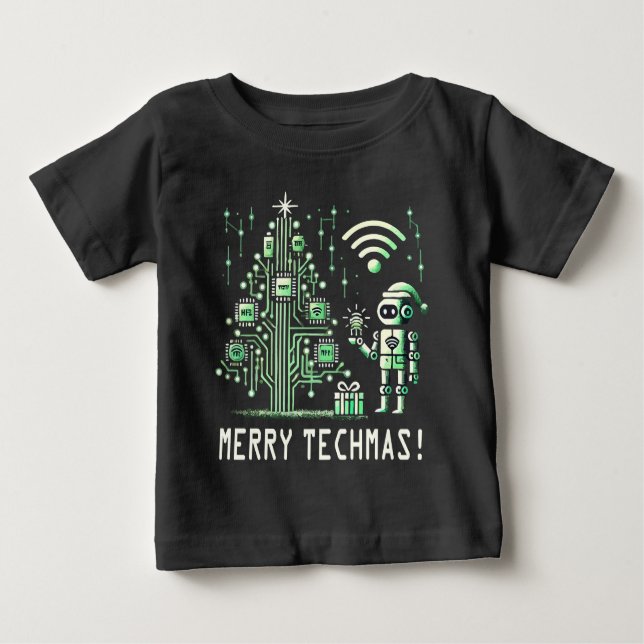 AI Robot med Tech Julgran - Merry Techmas T Shirt (Framsida)