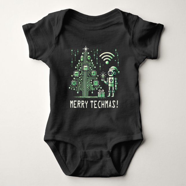AI Robot med Tech Julgran - Merry Techmas T Shirt (Framsida)