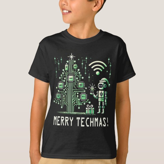 AI Robot med Tech Julgran - Merry Techmas T Shirt (Framsida)