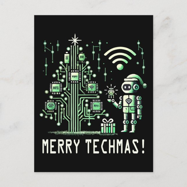 AI Robot med Tech Julgran - Merry Techmas Vykort (Framsida)
