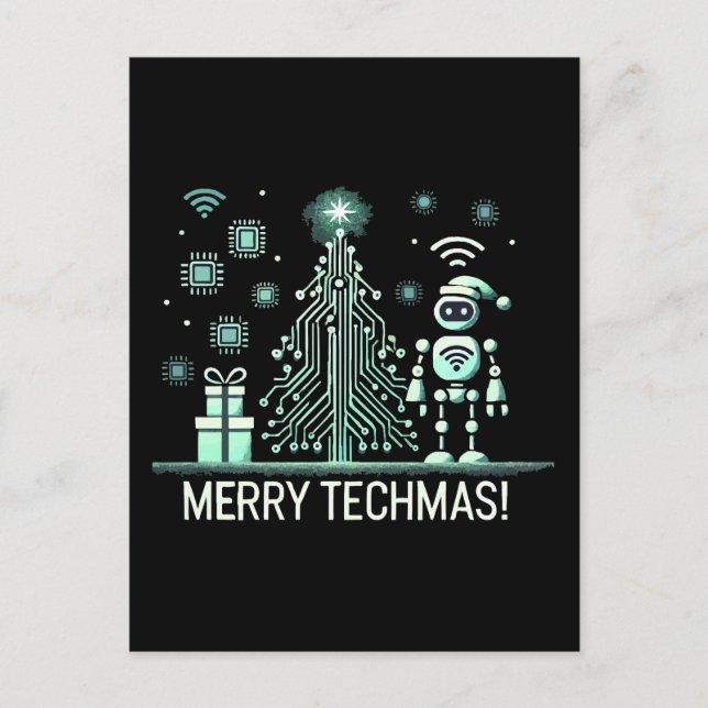 AI-robot med teknisk julgran – God Techmas Vykort (Framsida)