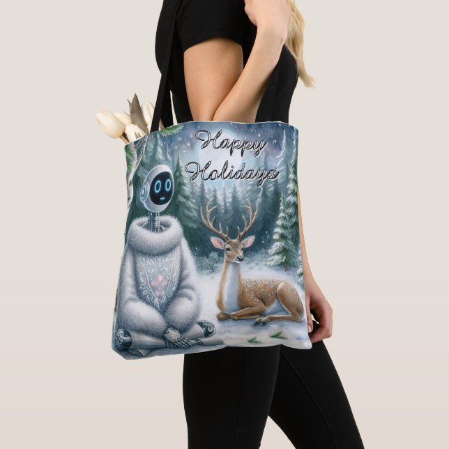 AI Robot Winter Glad helg Girly Tech Tote Tygkasse (Närbild)