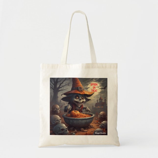 AI Spook eller Treat Gremlin och Cauldron Tote Bag Tygkasse (Framsidan)