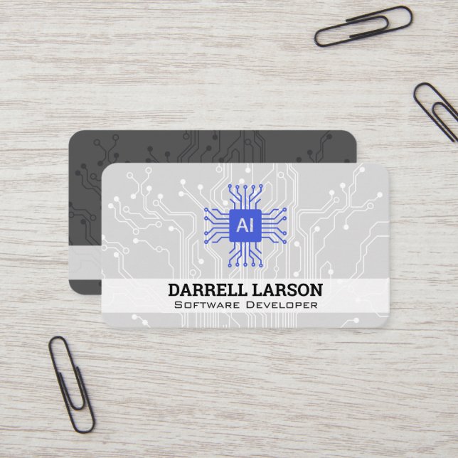 AI Tech-logotyp | Kretskort Bakgrund Visitkort (Fram/Back In Situ)