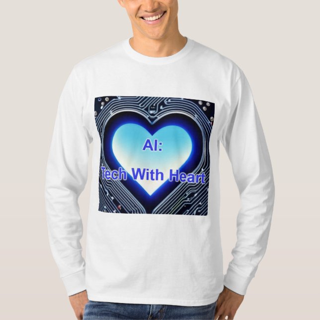 AI: Tech with Heart Men's Long Sleeve White T Shirt (Framsida)