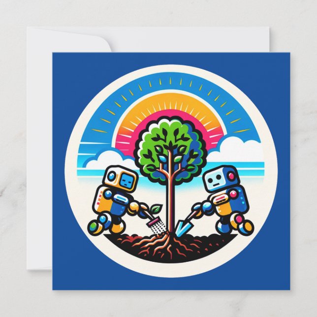 AI Träd Planter Sticker Eco-Friendly Robot Design Inbjudningar (Framsida)