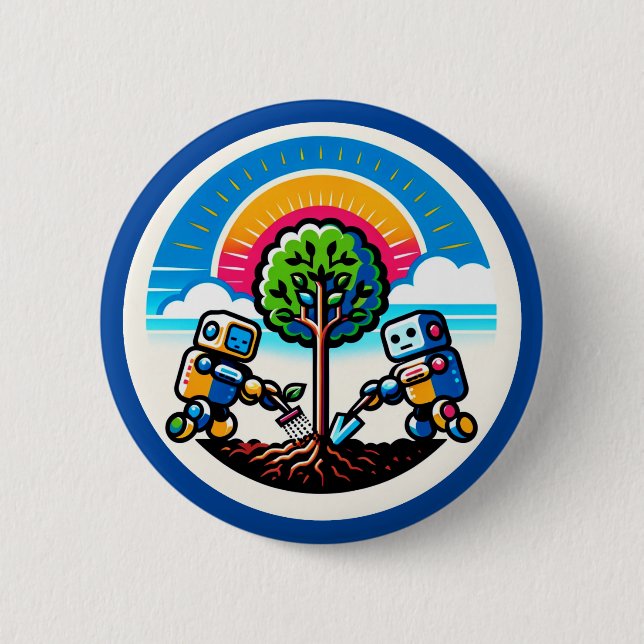 AI Träd Planter Sticker Eco-Friendly Robot Design Knapp (Framsida)