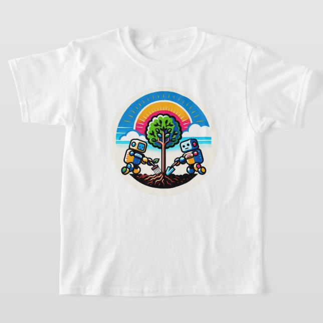 AI Träd Planter Sticker Eco-Friendly Robot Design T Shirt (Laydown)