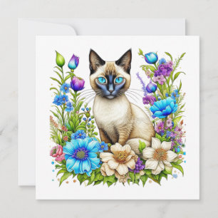 Ai Watercolor Siamese Cat in Flowers Anteckningskort