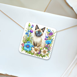 Ai Watercolor Siamese Cat in Flowers Fyrkantigt Klistermärke