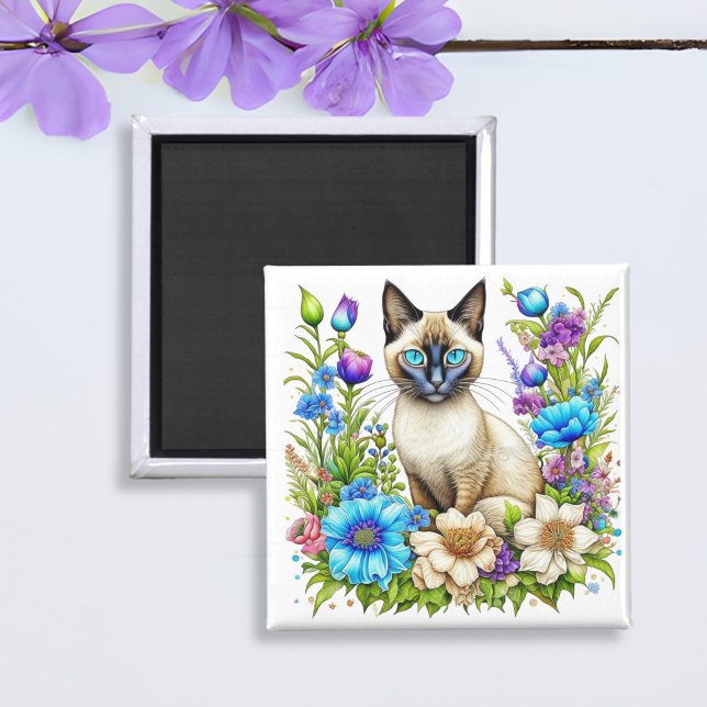 Ai Watercolor Siamese Cat in Flowers Magnet (Skapare uppladdad)