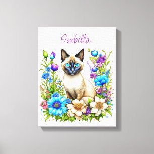 Ai Watercolor Siamese Cat in Flowers Personlig Canvastryck